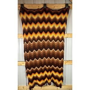 Vintage Handcrafted Crochet Afghan Zig Zag Blanket Circa 1970s- App 36”x66”